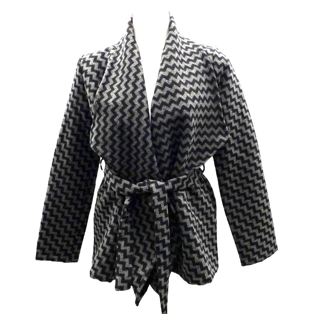 Anthropologie Tulle Chevron Belted Jacket Wool Blend Gray Black Women's Medium